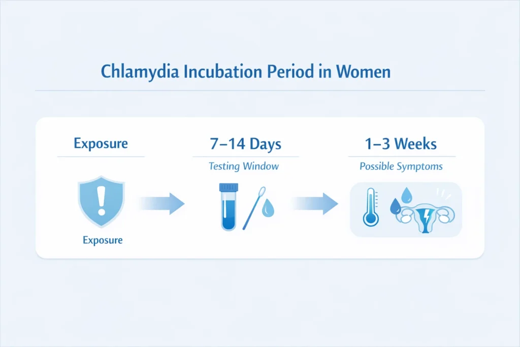 Chlamydia incubation period timeline in females showing exposure, 7–14 day testing window, and 1–3 week symptom development