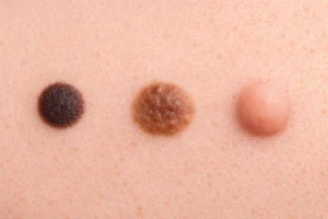 Different types of moles including junctional, compound, and intradermal nevi on skin