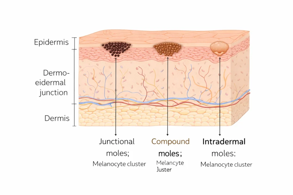 Diagram showing epidermis, dermis, and dermo-epidermal junction in mole formation