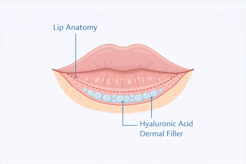 Hyaluronic acid lip filler placement diagram for cosmetic enhancement