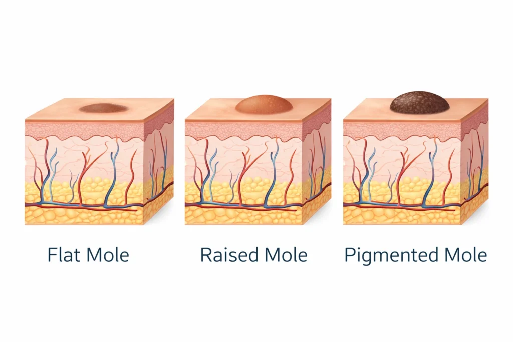 Medical illustration showing different types of skin moles including flat mole raised mole and pigmented mole