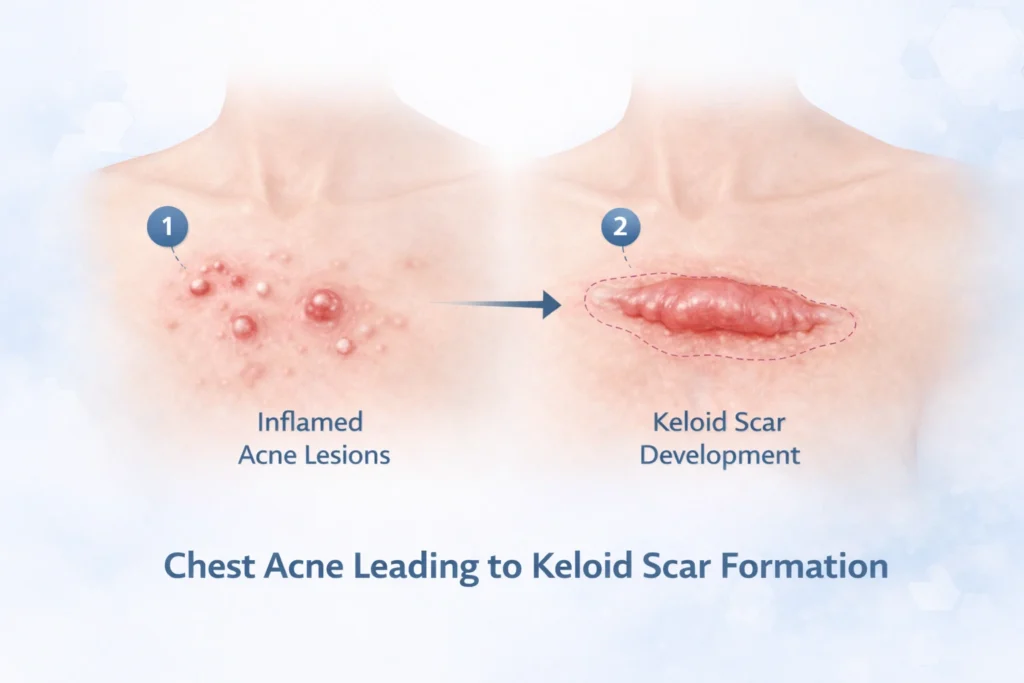 Dermatology illustration showing chest acne lesions progressing to keloid scar formation