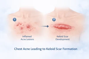 Dermatology illustration showing chest acne lesions progressing to keloid scar formation