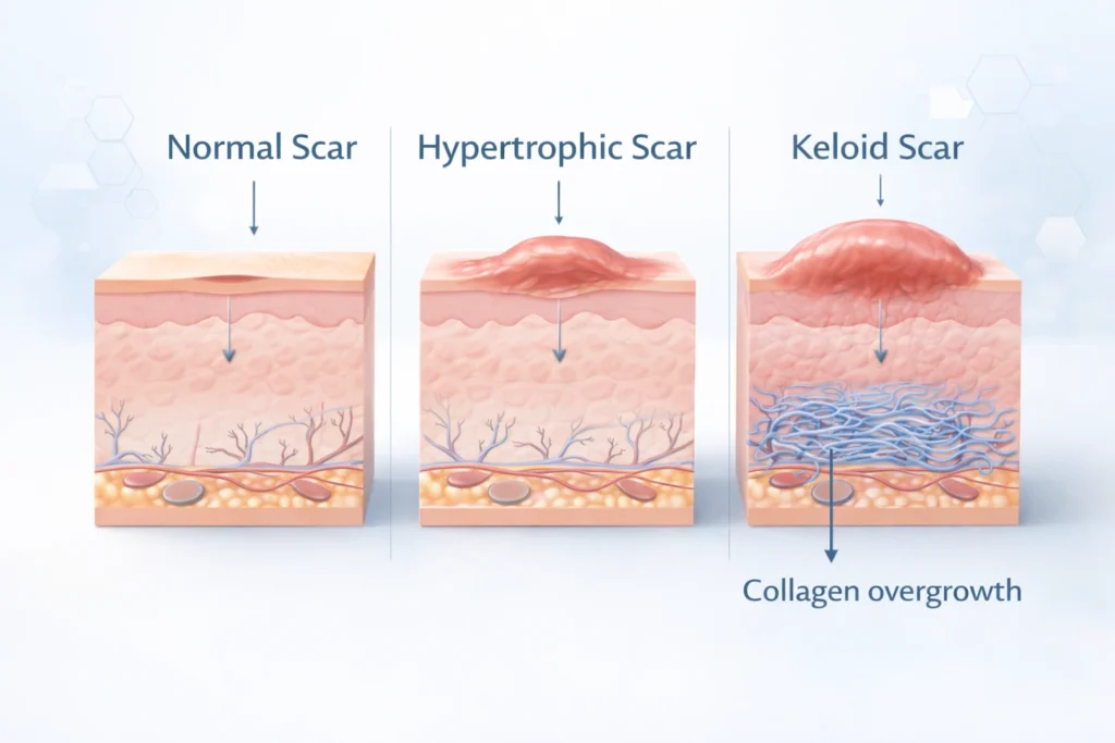 Medical infographic comparing normal scar, hypertrophic scar, and keloid scar with skin layer diagram