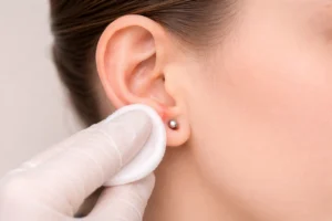 Cleaning a new ear piercing with sterile saline solution to reduce irritation