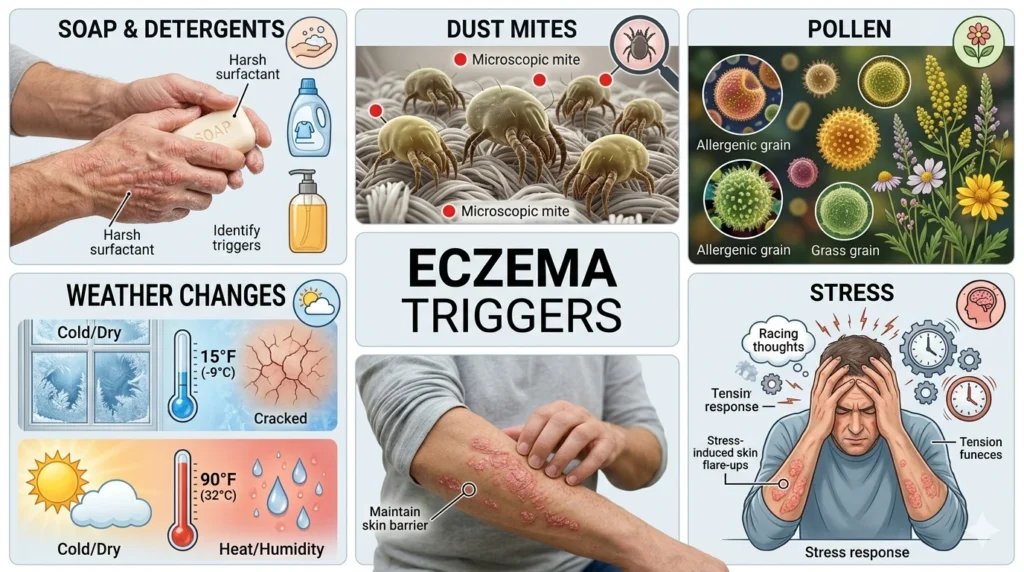 common eczema triggers irritants allergens weather stress