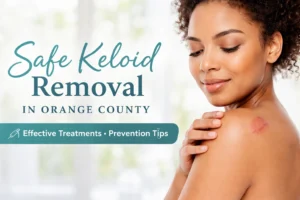 Woman with a shoulder keloid scar illustrating safe keloid removal treatments and prevention in Orange County