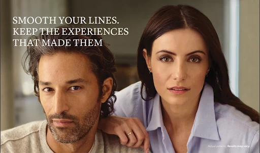 Man and woman with smooth, youthful-looking skin featured in an OC MedDerm advertisement for Botox and Dysport cosmetic injections.