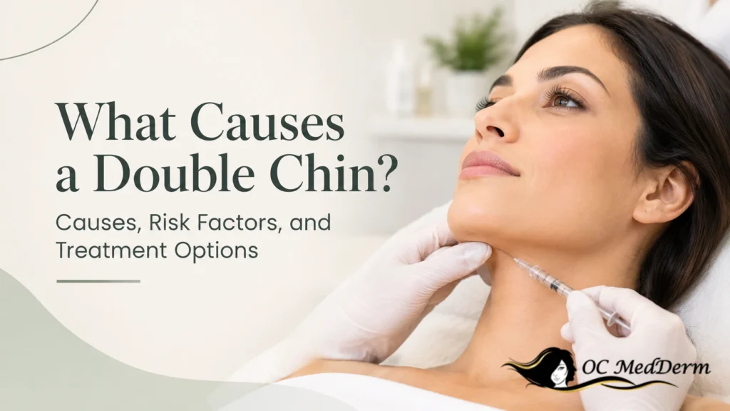 What causes a double chin? Illustration of Kybella injection treatment beneath the chin.